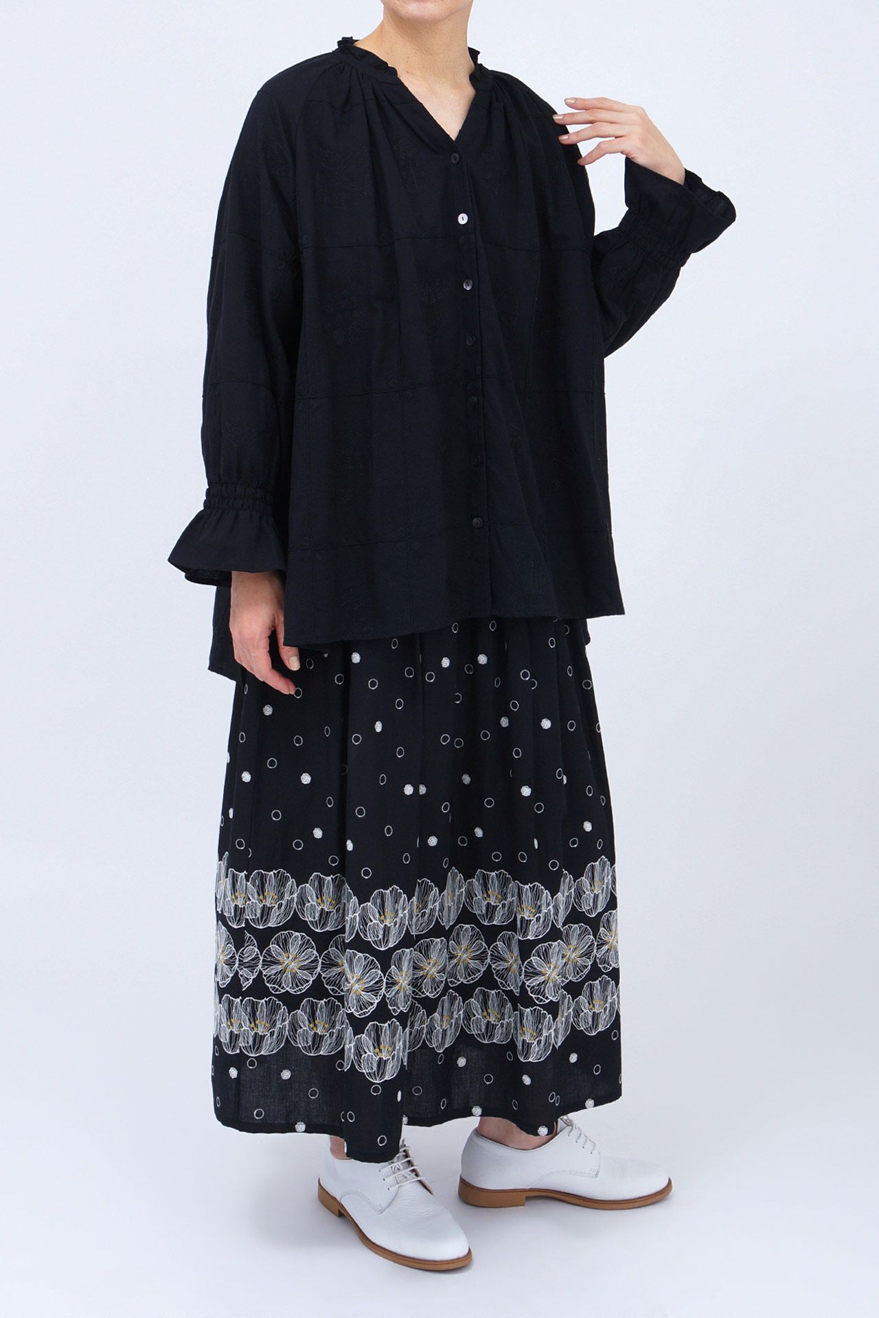 美品　marble SUD マーブルシュッド　サンカヨウ ギャザースカート　黒 ☆サンカヨウ ギャザーSkirt | marble SUD(マーブルシュッド