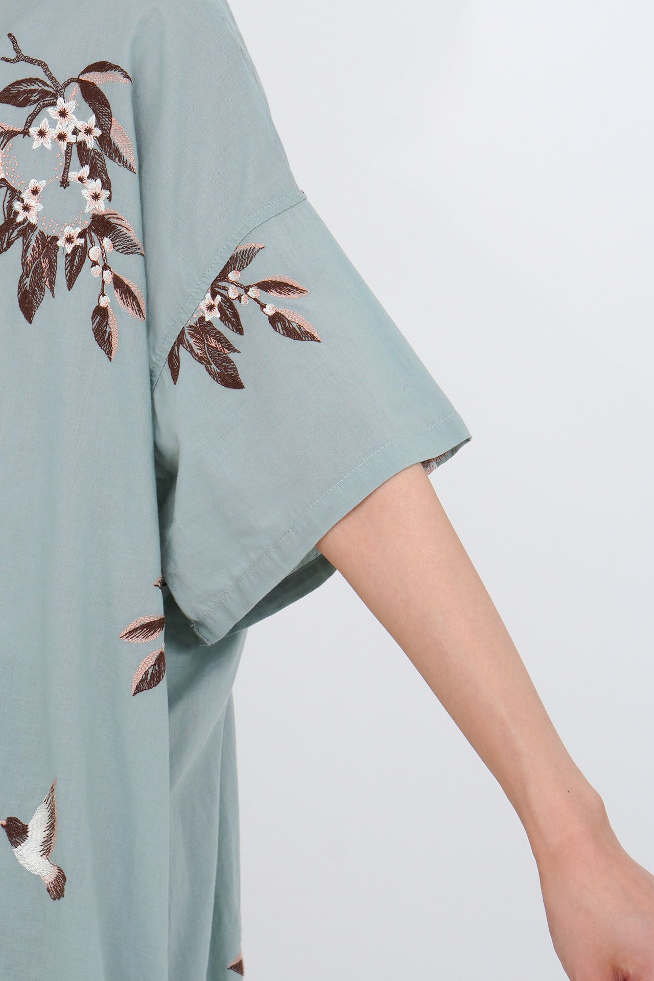marble SUD　マーブルシュッド　コットンワンピース　総柄　鳥　濃茶×緑 EMB citrus フリルTunic ワンピース | marble SUD(マーブル