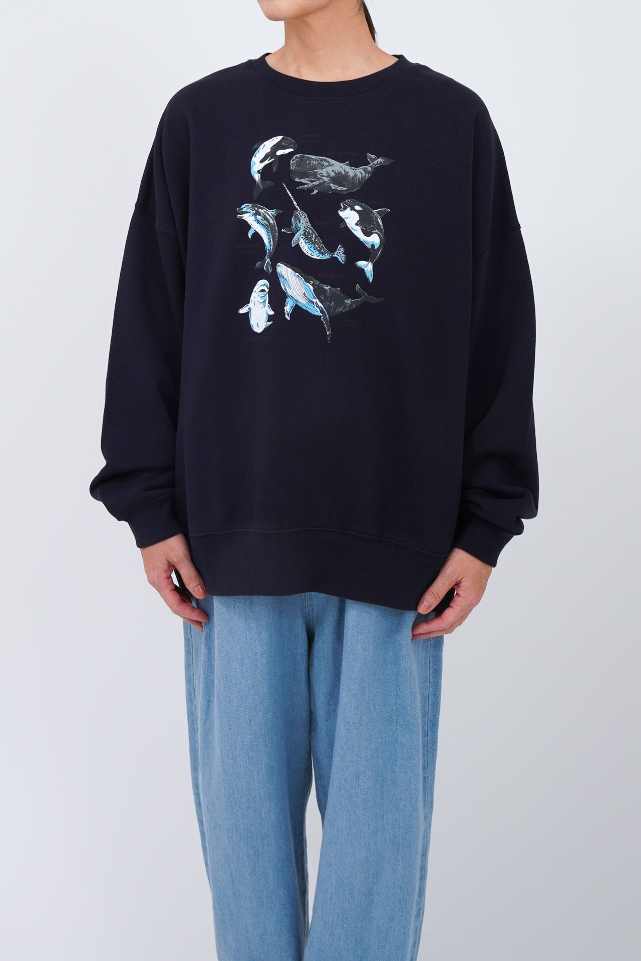 Crewneck stone  navy (ぽんのために) Zukan Whale LONG SWEAT | marble SUD(マーブルシュッド)公式通販